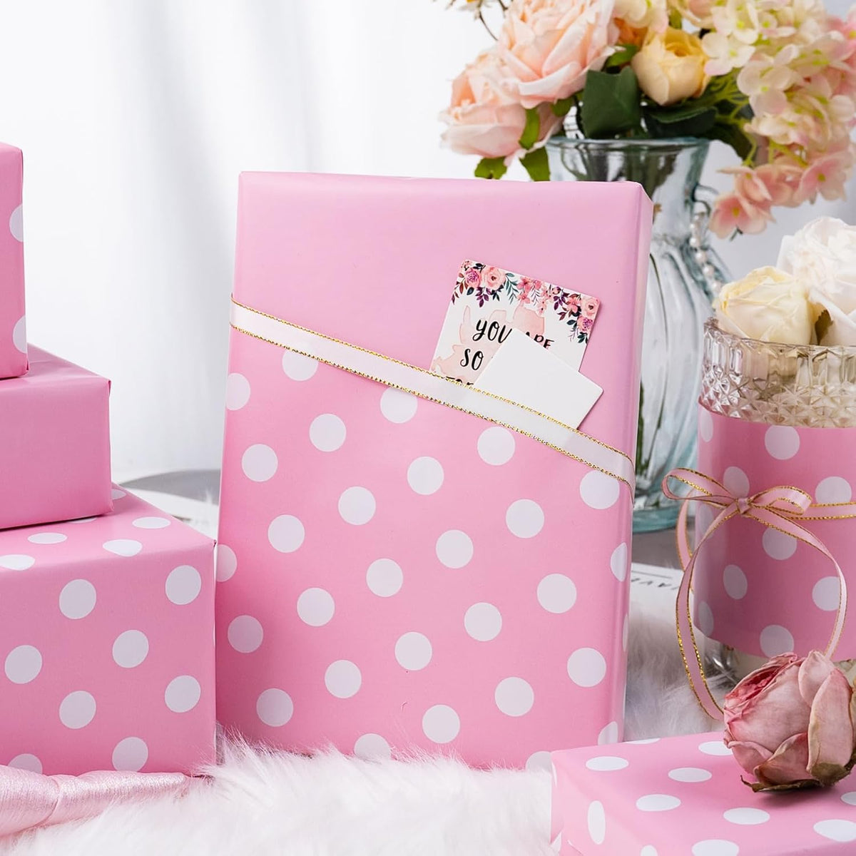 Burymento Pink and White Dots Wrapping Paper, Reversible Pink Gift Wrap for Birthday, Valentines