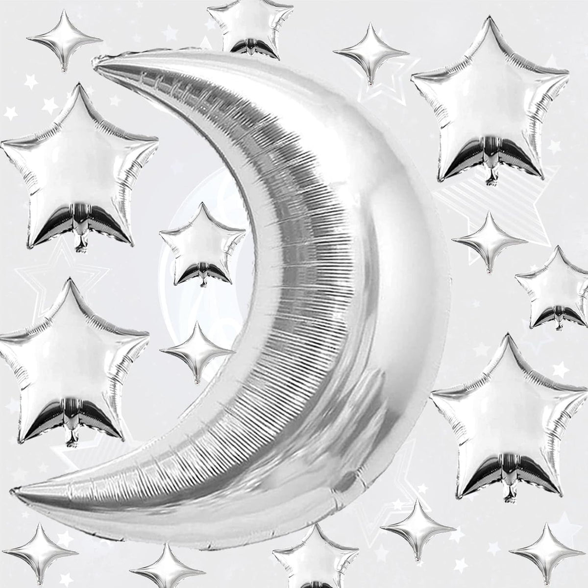 50pcs Silver Moon and Star Balloons,36"Moon Foil Balloons 18"10" Star Foil Balloons Four Pointed