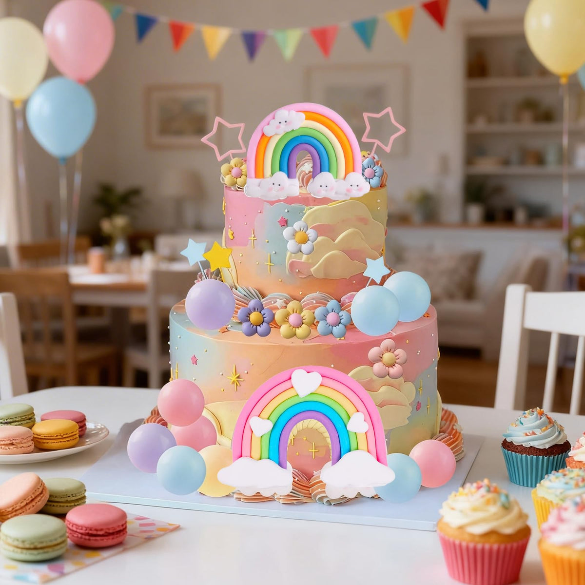 39 Pcs Rainbow Cake Topper with Pastel Balls and Daisy Flowers