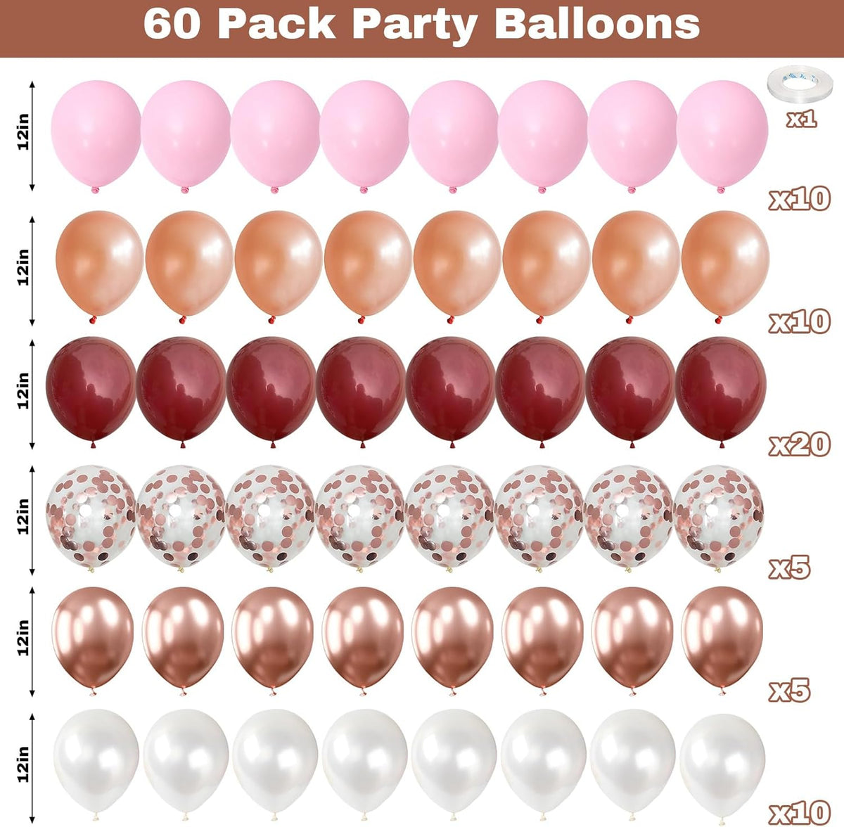 Burgundy Red and Pink Balloons, 60 Pack 12in Rose Gold Wine Red Light Pink White Latex Balloon
