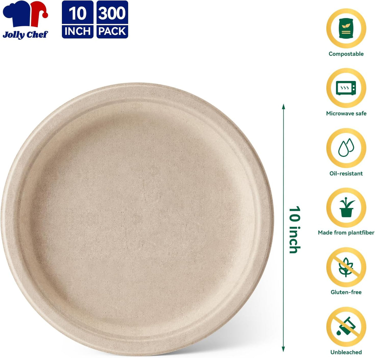 JOLLY CHEF Compostable Heavy Duty Plates 𝟭𝟬 𝗜𝗻𝗰𝗵 [𝟯𝟬𝟬 𝗣𝗮𝗰𝗸] Eco-Friendly Disposable