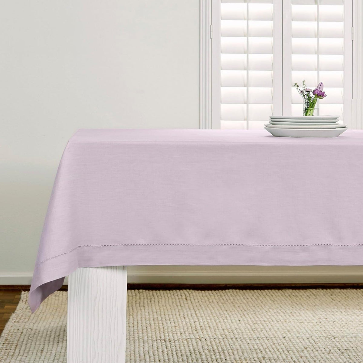 Solino Home Lilac Linen Tablecloth 60 x 90 Inch - 100% Pure Linen Hemstitch Table Cloth for