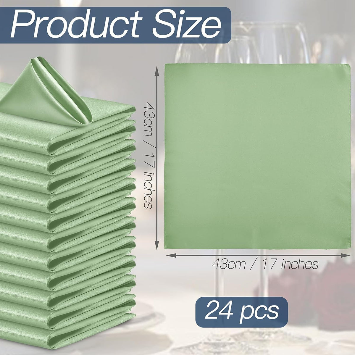 P Pothuiny 24 Pcs Silky Sage Green Satin Napkins 17 x 17 Inches, Square Smooth Wedding Dinner