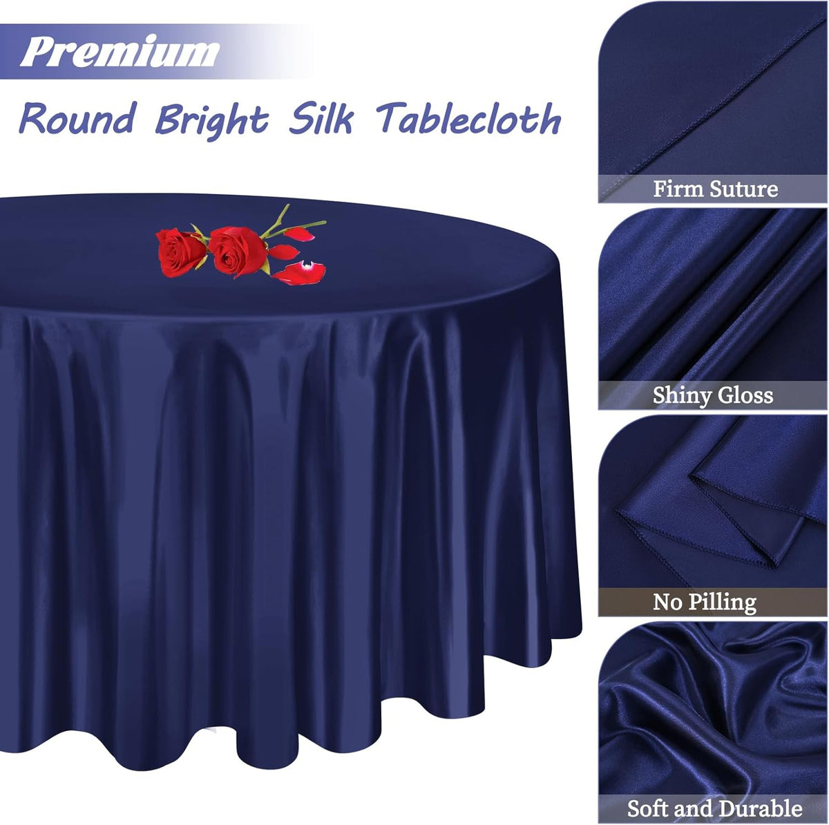 fani 6 Pack 108 Inch Navy Blue Satin Tablecloth - Premium Bright Silky Round Tablecloth Overlay