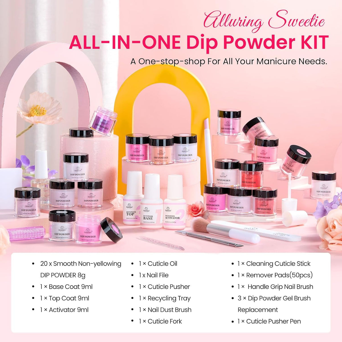 Beetles Dip Powder Nail Kit 36pcs 20 Colors Nude Hot Pink Red Glitter White Dip Nails Powder