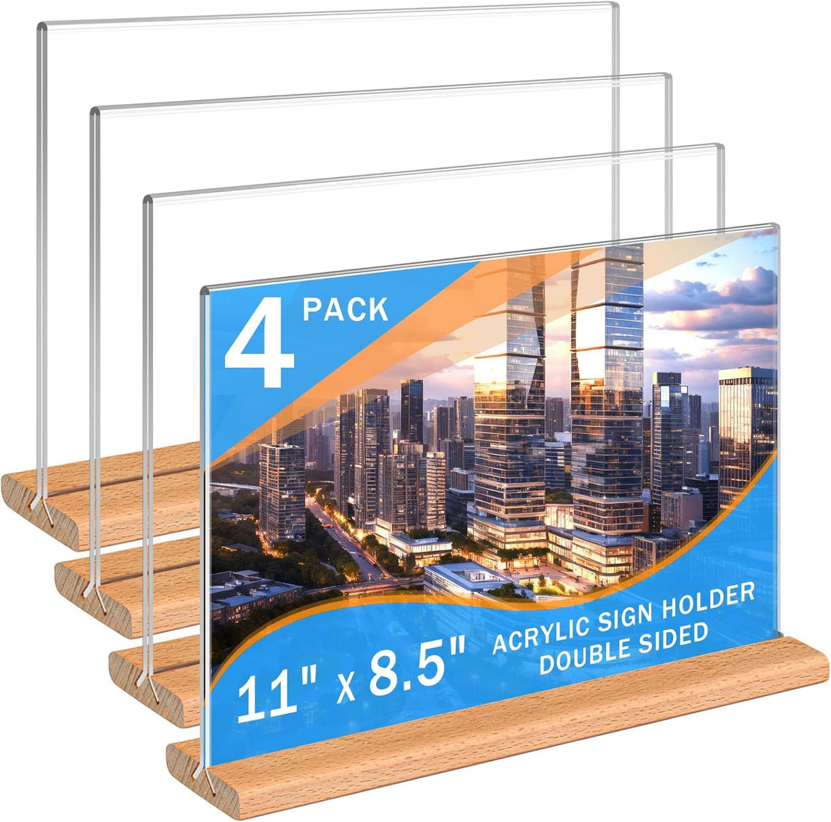Kersally Acrylic Sign Holder 11 x 8.5'', 4 Pack Double-Sided Clear Table Display Stands with Wood