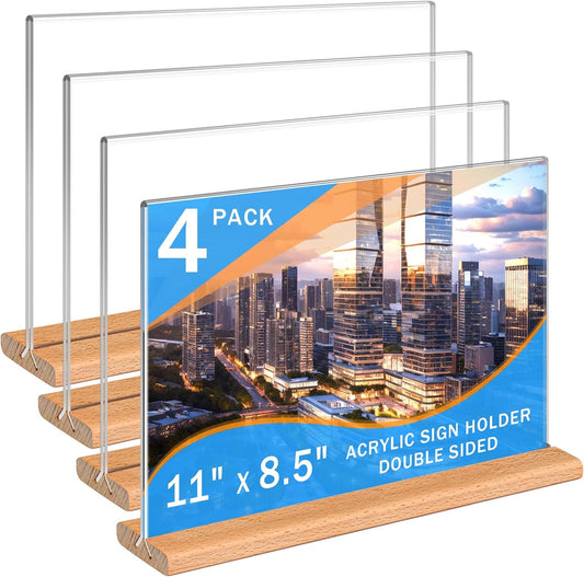 Kersally Acrylic Sign Holder 11 x 8.5'', 4 Pack Double-Sided Clear Table Display Stands with Wood