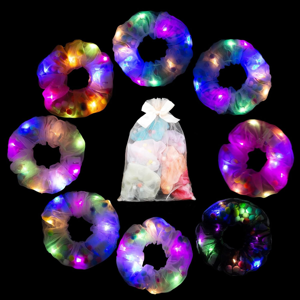 8 LED Scrunchies - Light Up Hair Accessories for Women, Girls - Glow in the Dark Hair Ties & Bands