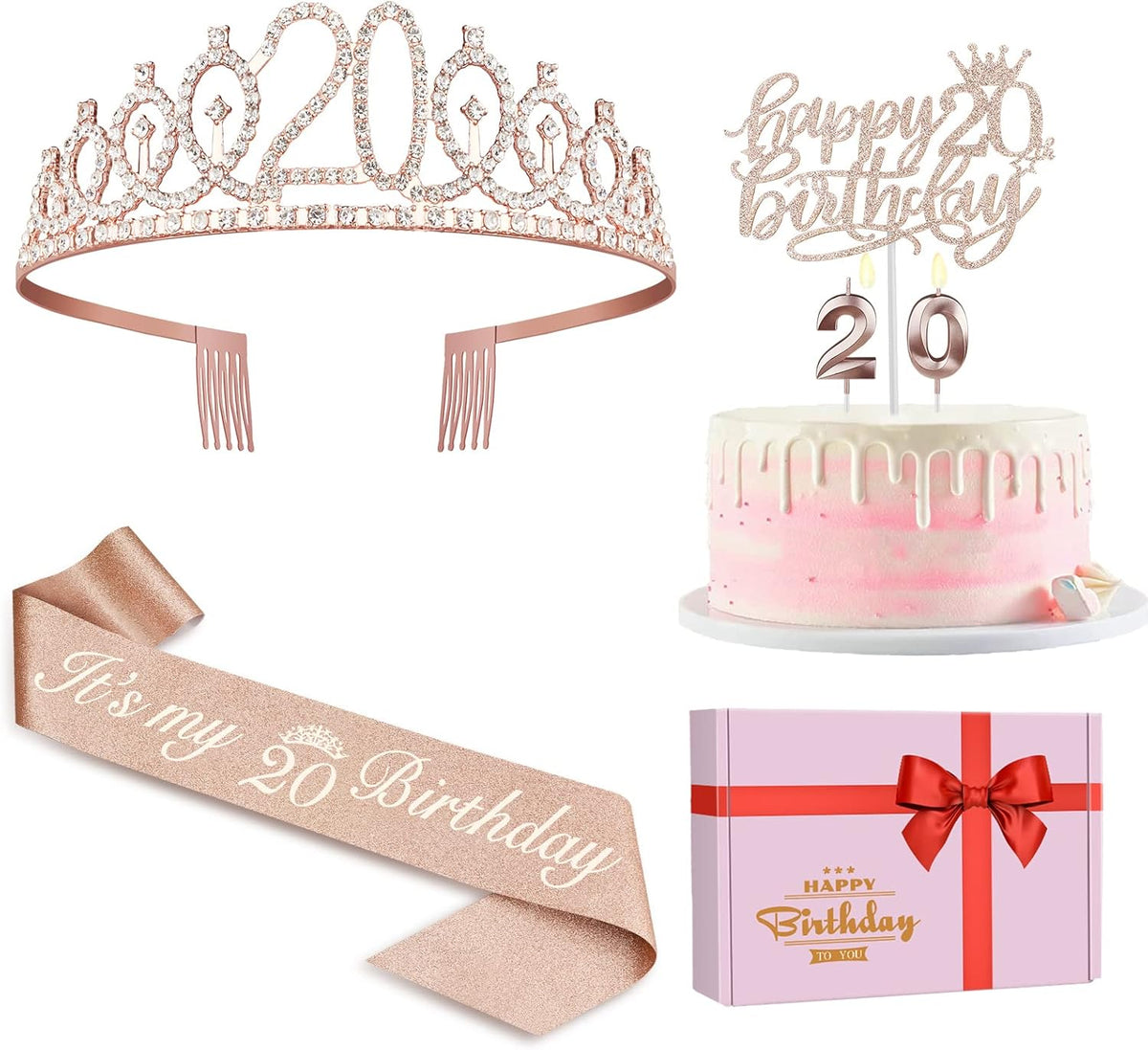 20th Birthday Decorations for Women Including Sash, Crown, Cake Topper and Candles, 20th Birthday