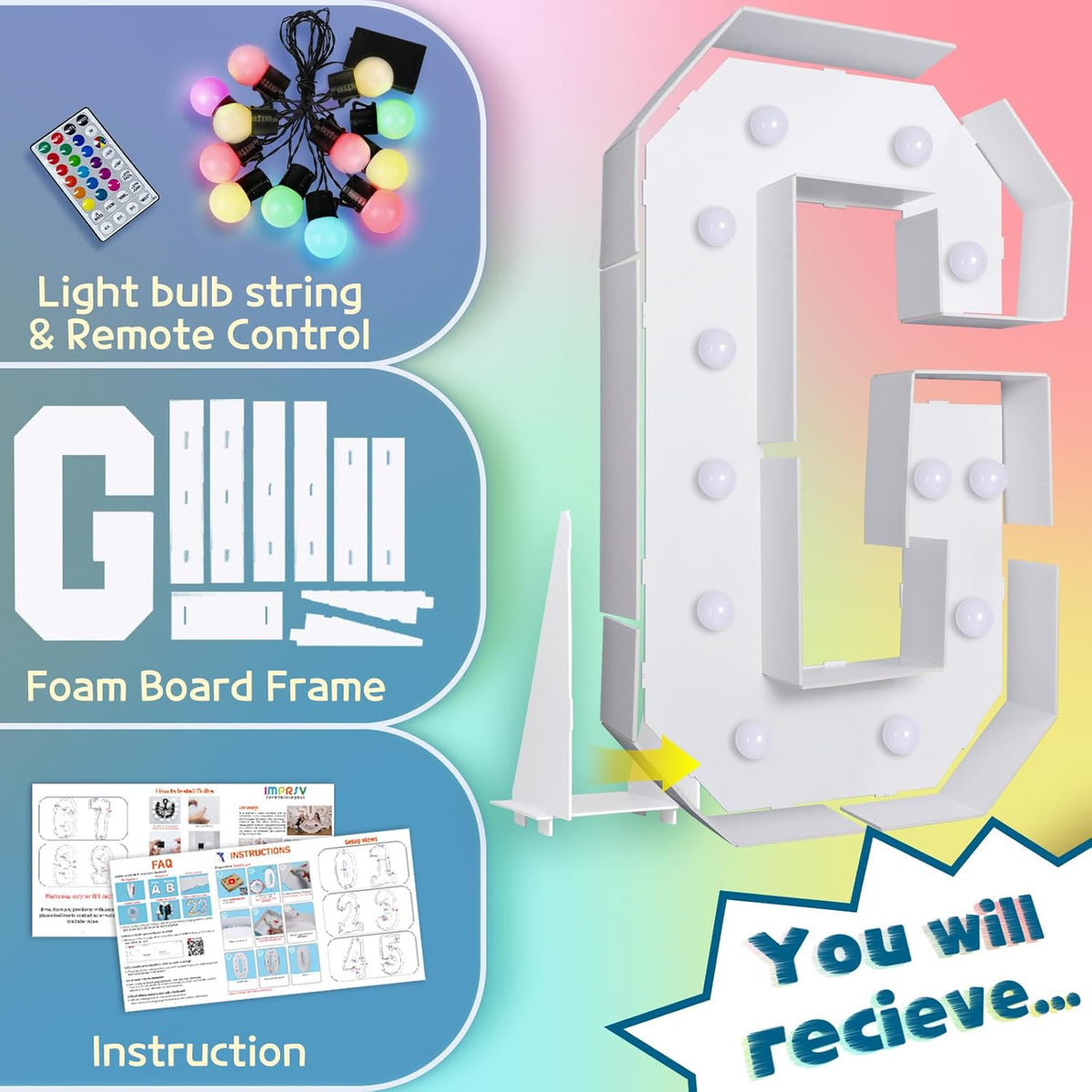 imprsv 4FT Colorful Marquee Light Up Letters G, 18 Colors Large Light up Letters Alphabet Sign with