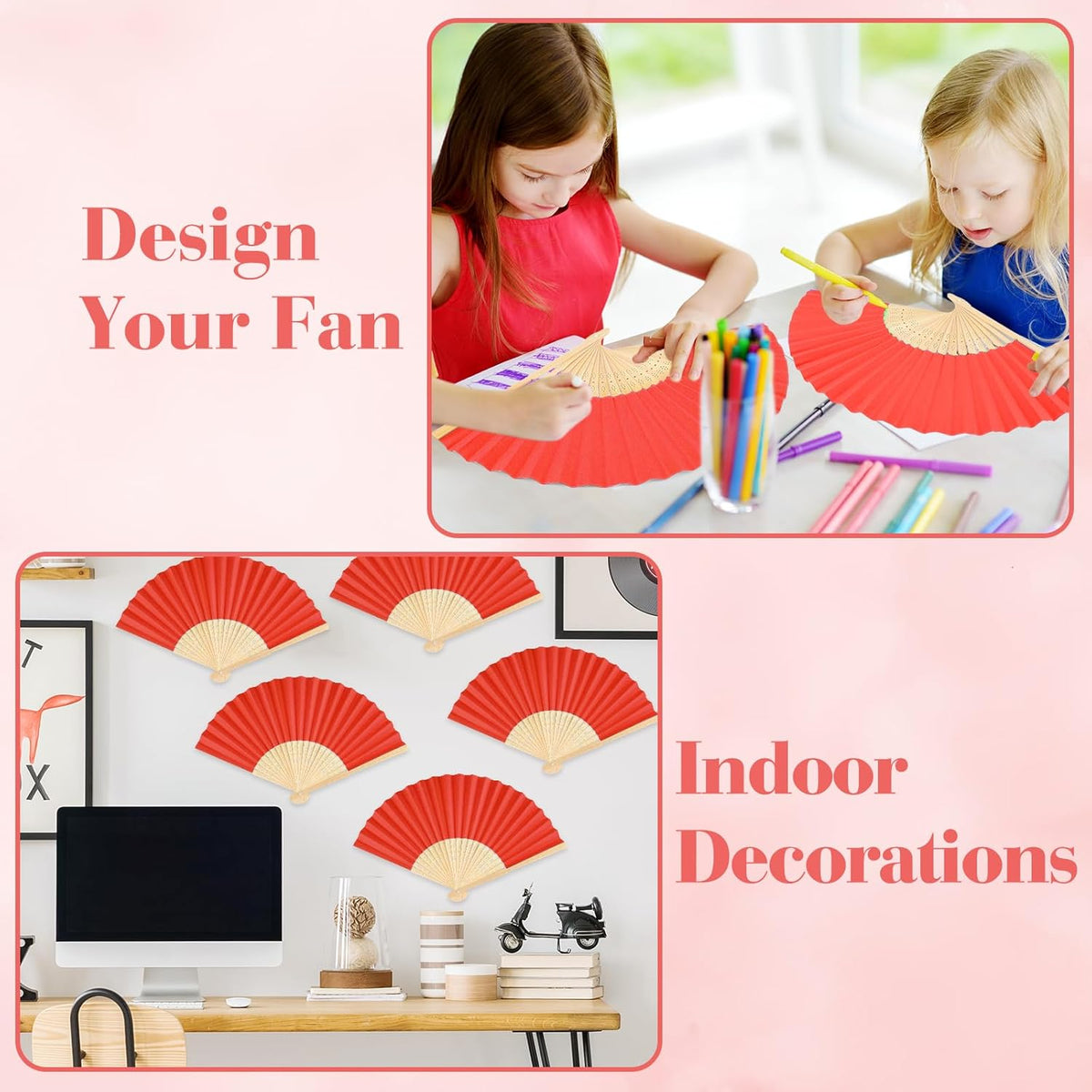 12 Pieces Red Hand Held Bamboo Folding Fans Paper Fans Handheld for Women Foldable Girls Wedding