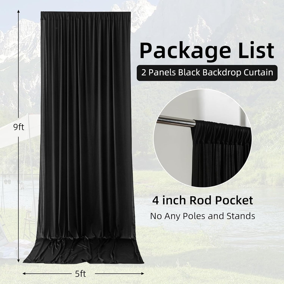 10ft×9ft Black Backdrop Curtain, Wrinkle Free Thick Polyester Drapes for Backdrop, 2 Panels 5ft x