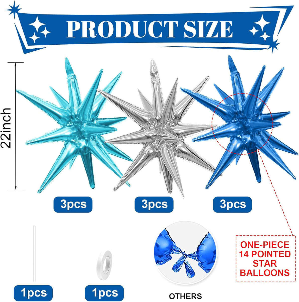 Blue Silver Star Balloons,9Pcs 22Inch Blue Silver Explosion Spike Cone Helium Polyester Film Star