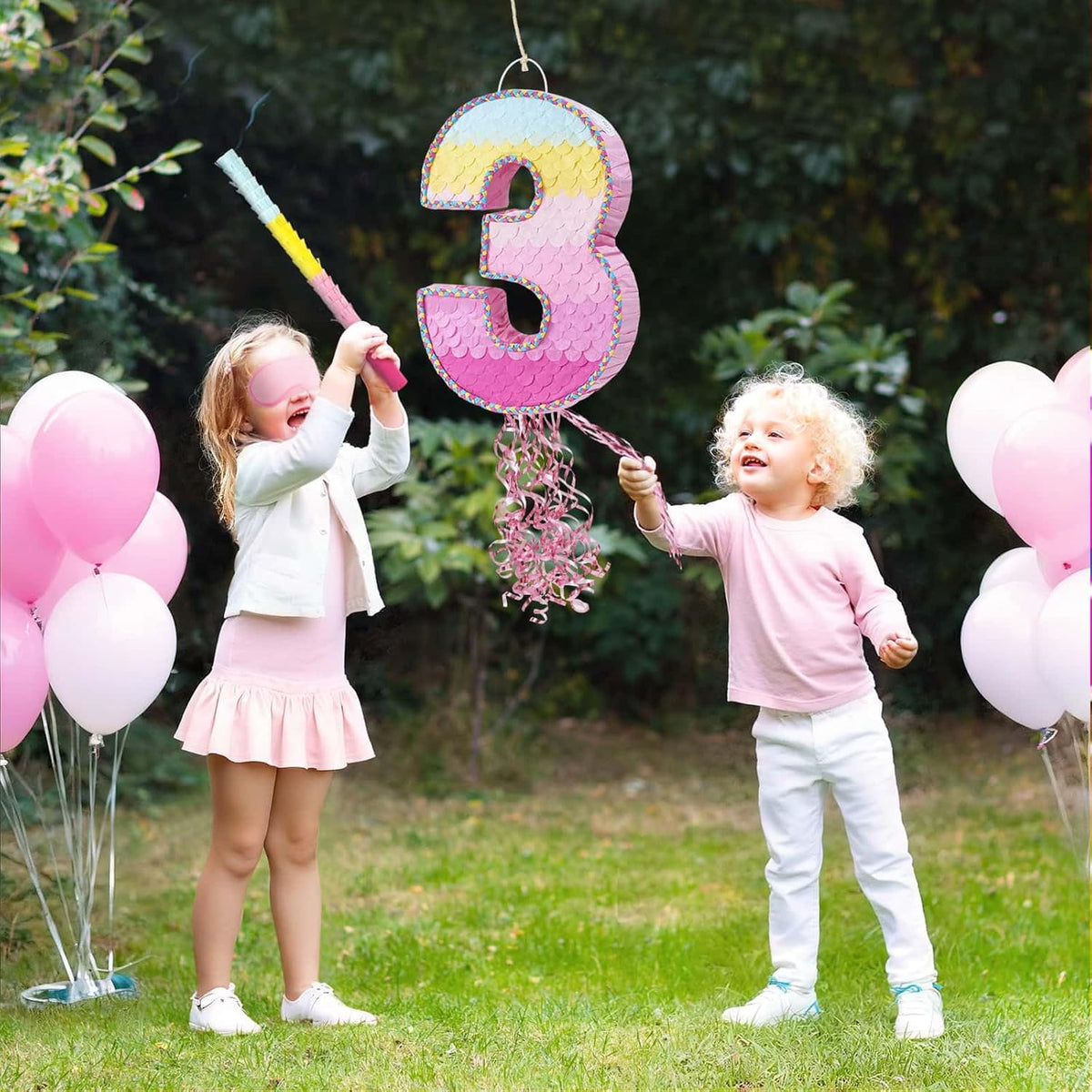 WERNNSAI Pink Sweet Three Pinata - Number 3 Pinata Happy Birthday Decoration Pink Rainbow Design