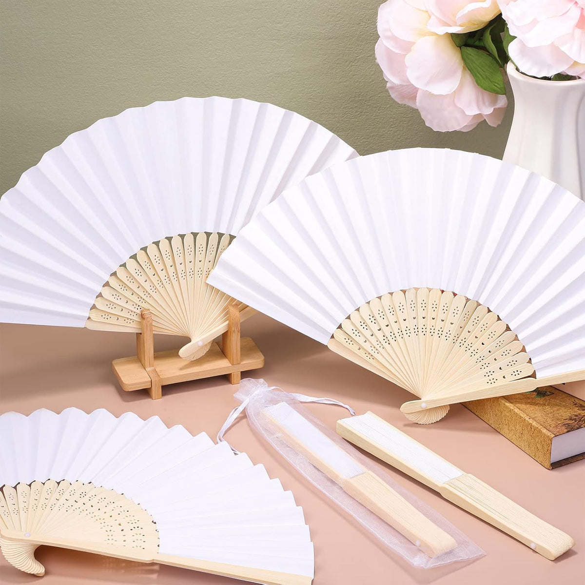 MCEAST 80 Pieces White Folding Paper Fans Wedding Fans Handheld Paper Fan White Bamboo Hand Fan