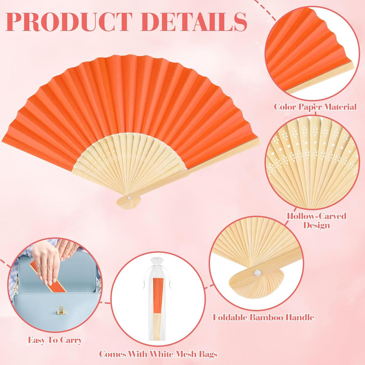 12 Pieces Orange Hand Held Bamboo Folding Fans Paper Fans Handheld for Women Foldable Girls Wedding