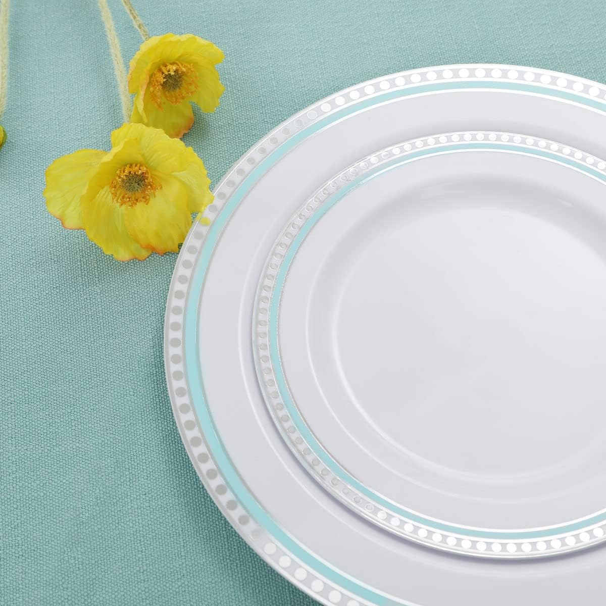 COLOSUS 125pcs Disposable Silver Blue Plastic Plates and Silverware .Light baby blue dinnerware