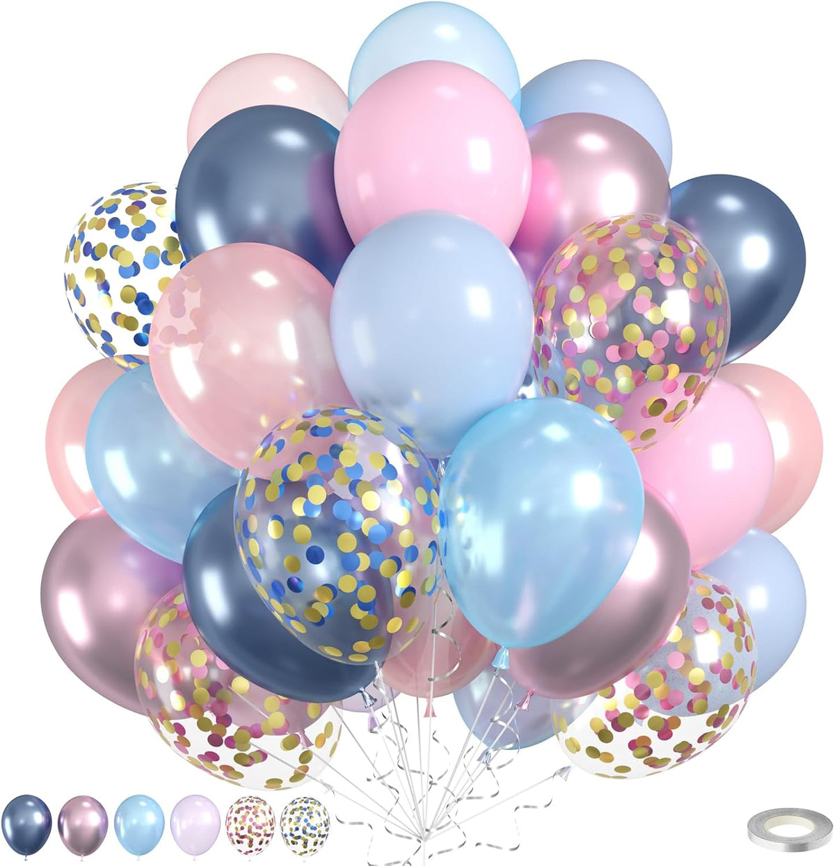 Pink and Blue Balloons, 60pcs Pearl Metallic Blue Pink Balloon With Two Types Confetti Balloons For