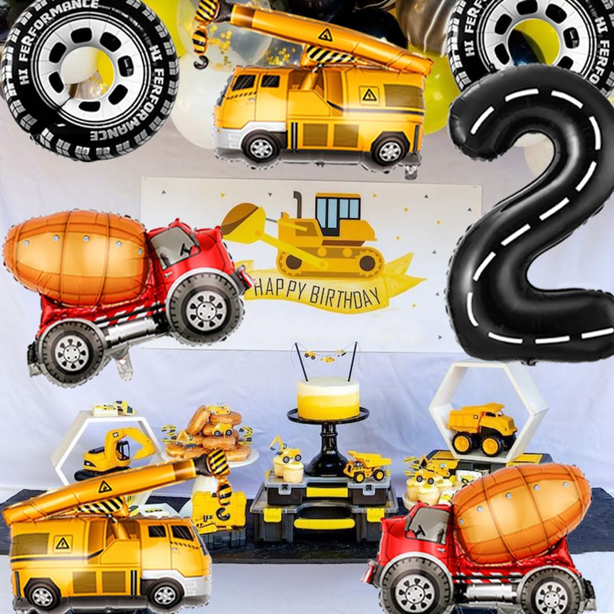 2nd Birthday Decorations for Boys Construction Balloons 40inch Number 2 Balloons Truck Foil Balloon