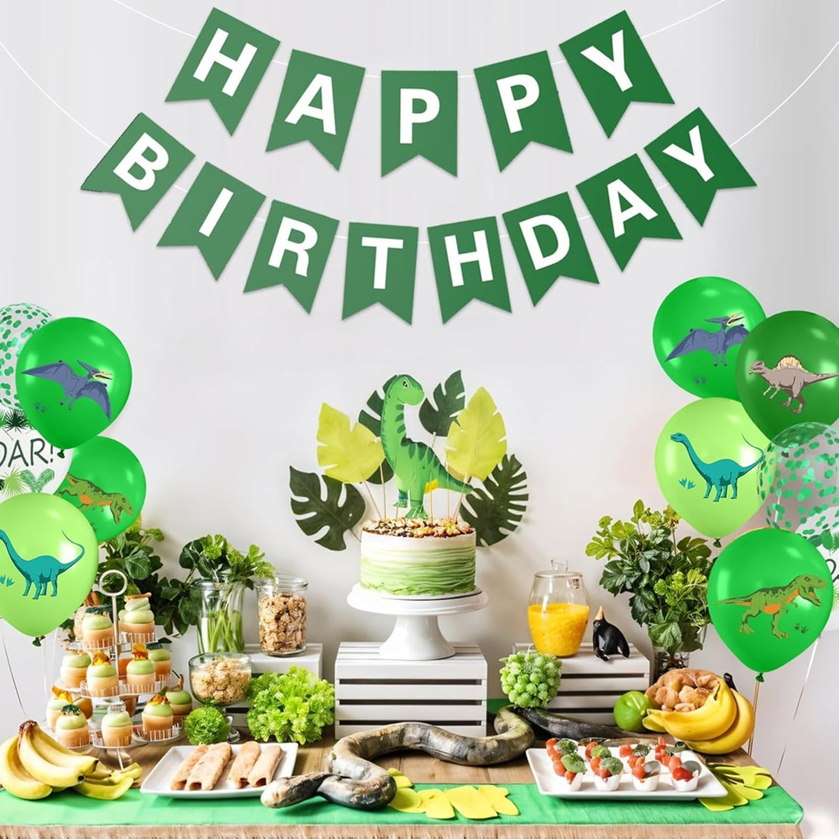 Dinosaur Balloons, 12 Inch Fruit Lime Dark Green White Confetti Balloons with Dinosaur Printed