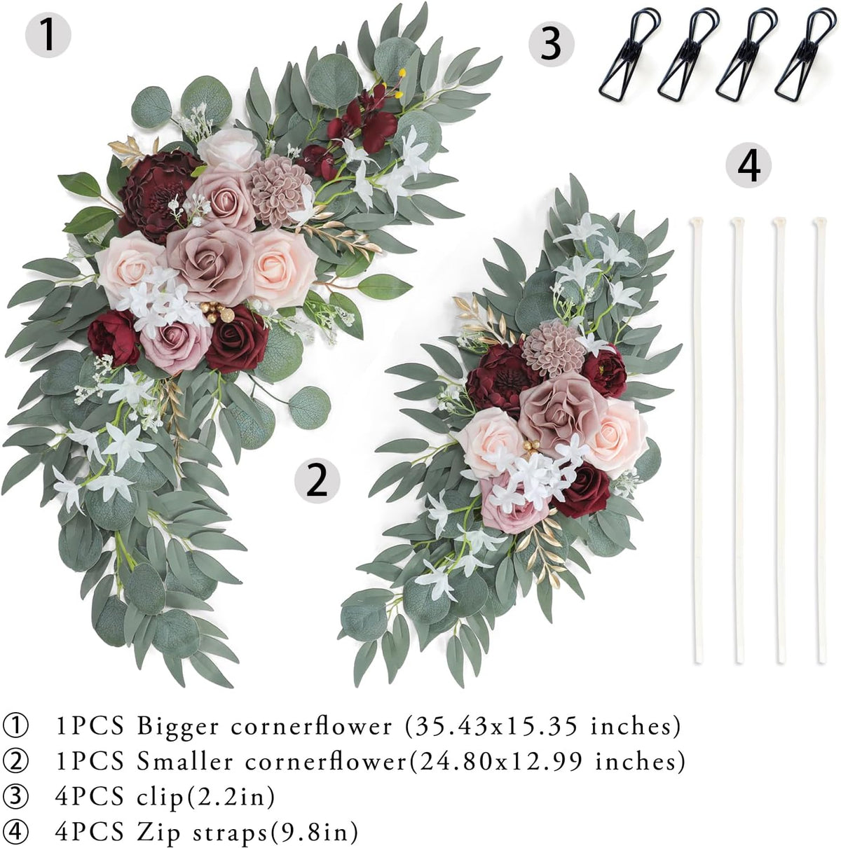 Ponatia Wedding Arch - Artificial Burgundy & Dusty Rose & Blush Flowers (Pack of 2) for Wedding