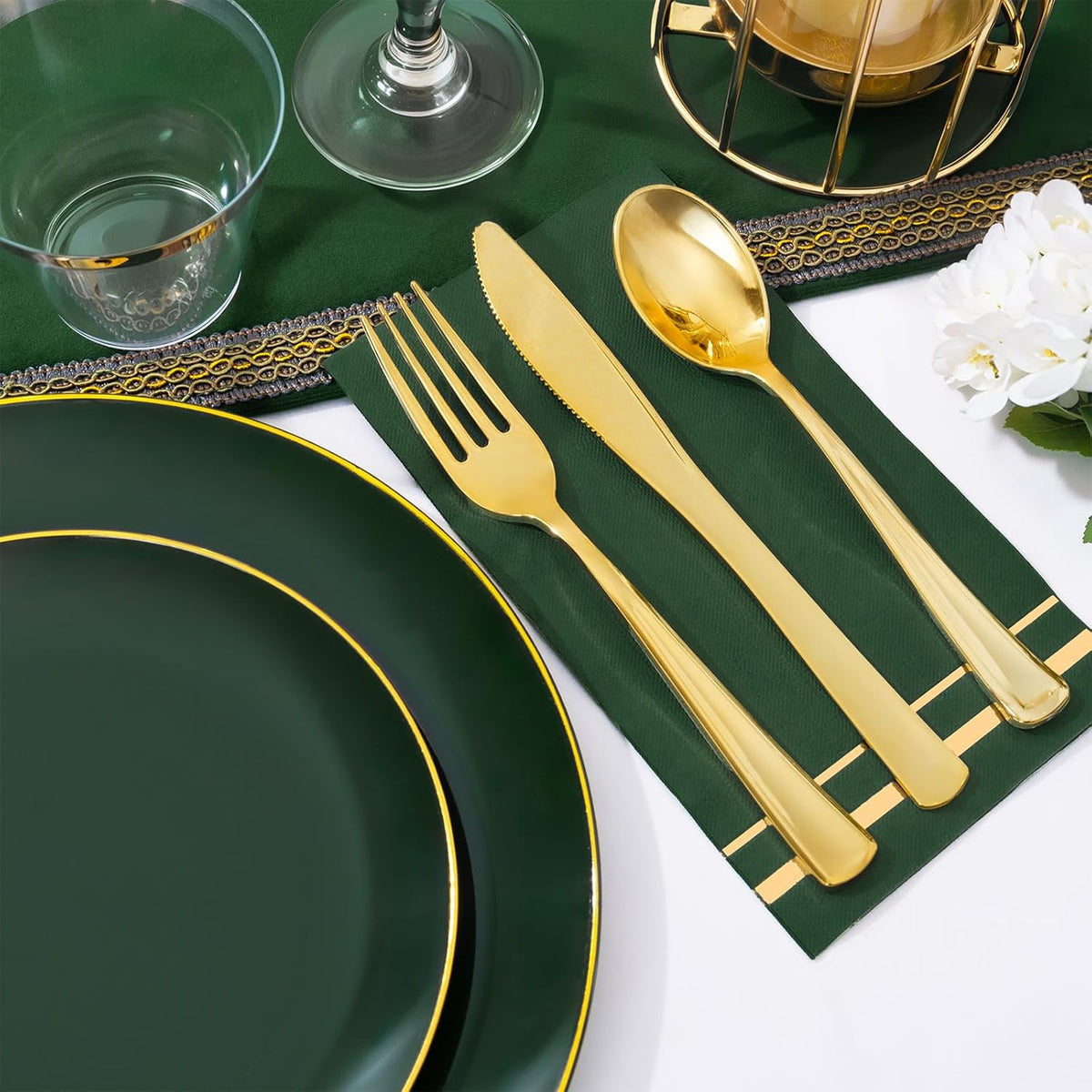 NOCCUR 350PCS Green Plastic Plates - Disposable Green Gold Dinnerware Set for 50 Guests, 100