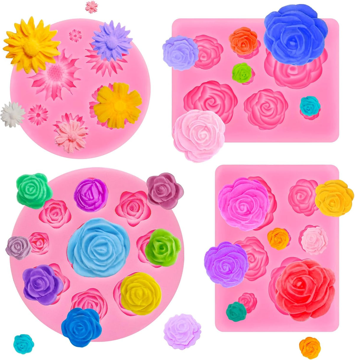 4 Pcs Flower Silicone Molds, Fondant Cake Flower Mold Silicone Daisy Rose Clay Mold Polymer Clay