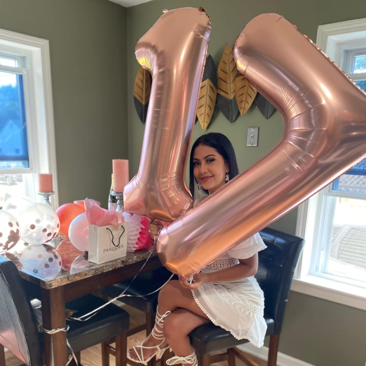Rose Gold Number Balloons, 40inch Large Number 7 Foil Mylar Helium Balloons, Self Inflating Number