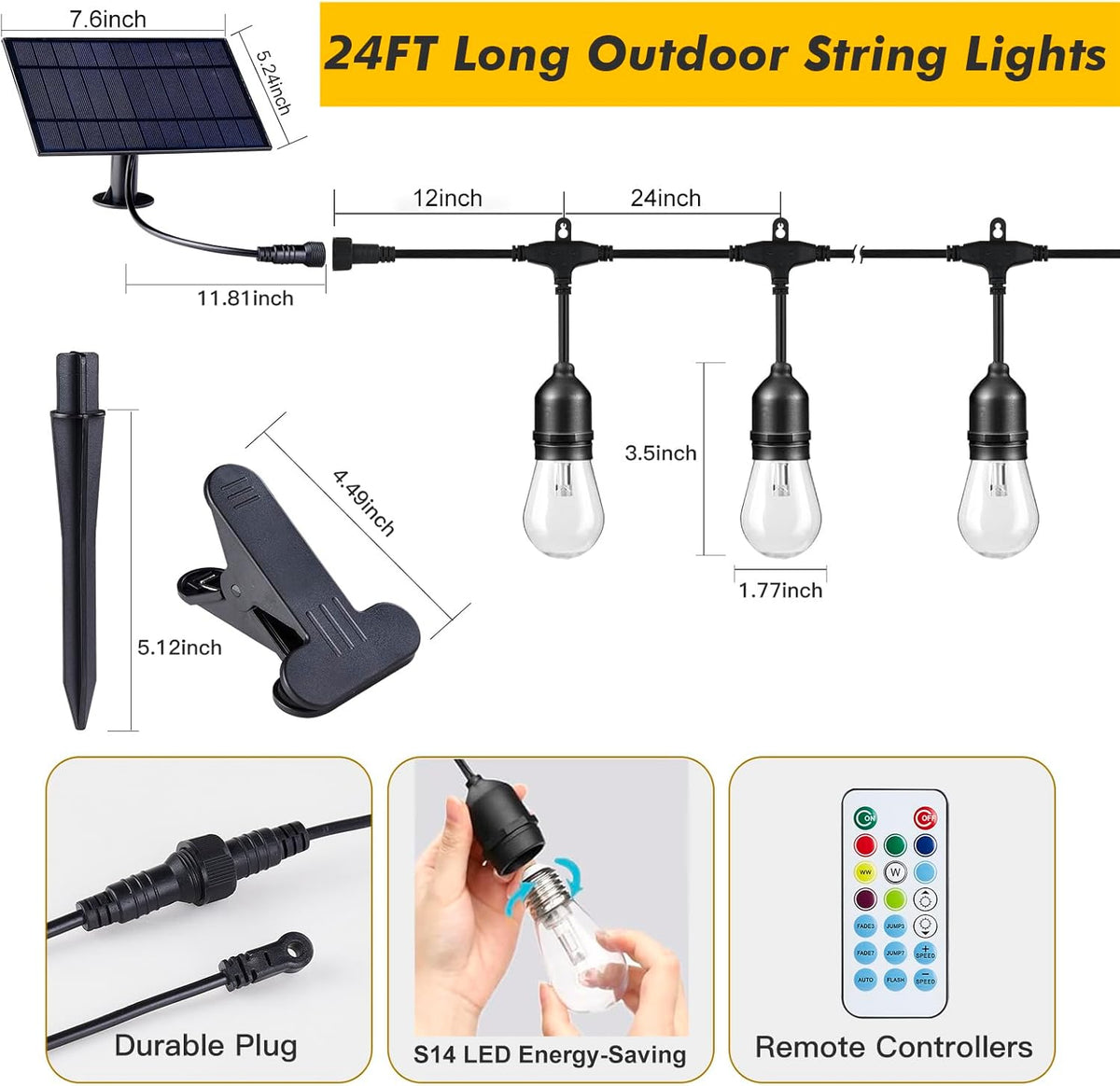 24FT Solar Outdoor String Lights, 12 Shatterproof E26 Edison LED Bulbs, Dimmable RGB Color Changing