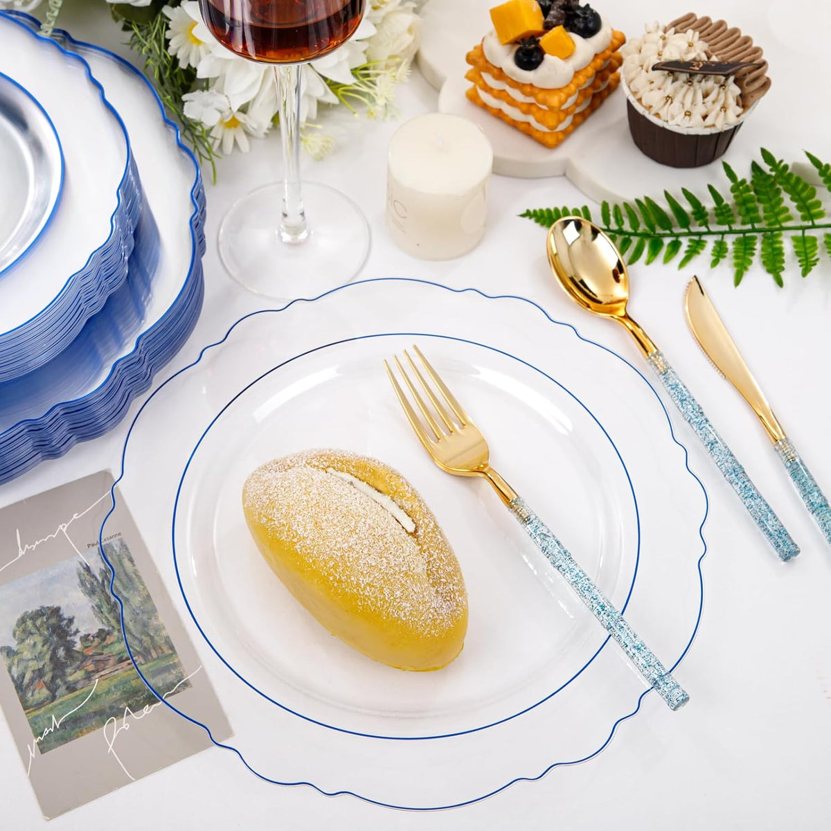 Liacere 150PCS Clear and Blue Plastic Plates-Clear and Blue Disposable Plates with Glitter Bamboo