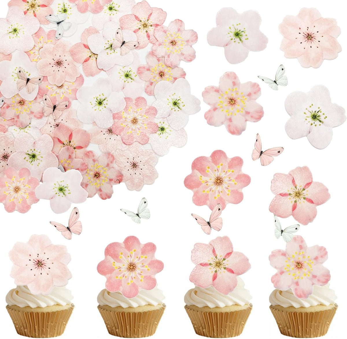 58 PCS Edible Cherry Blossoms Butterfly Cupcake Toppers Flowers Cake Decorations Wafer Paper