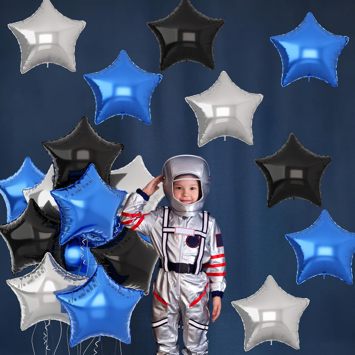 Blue Black Star Balloons Helium, 18Inch Silver and Blue Stars Shape Foil Balloon, 12Pcs Blue