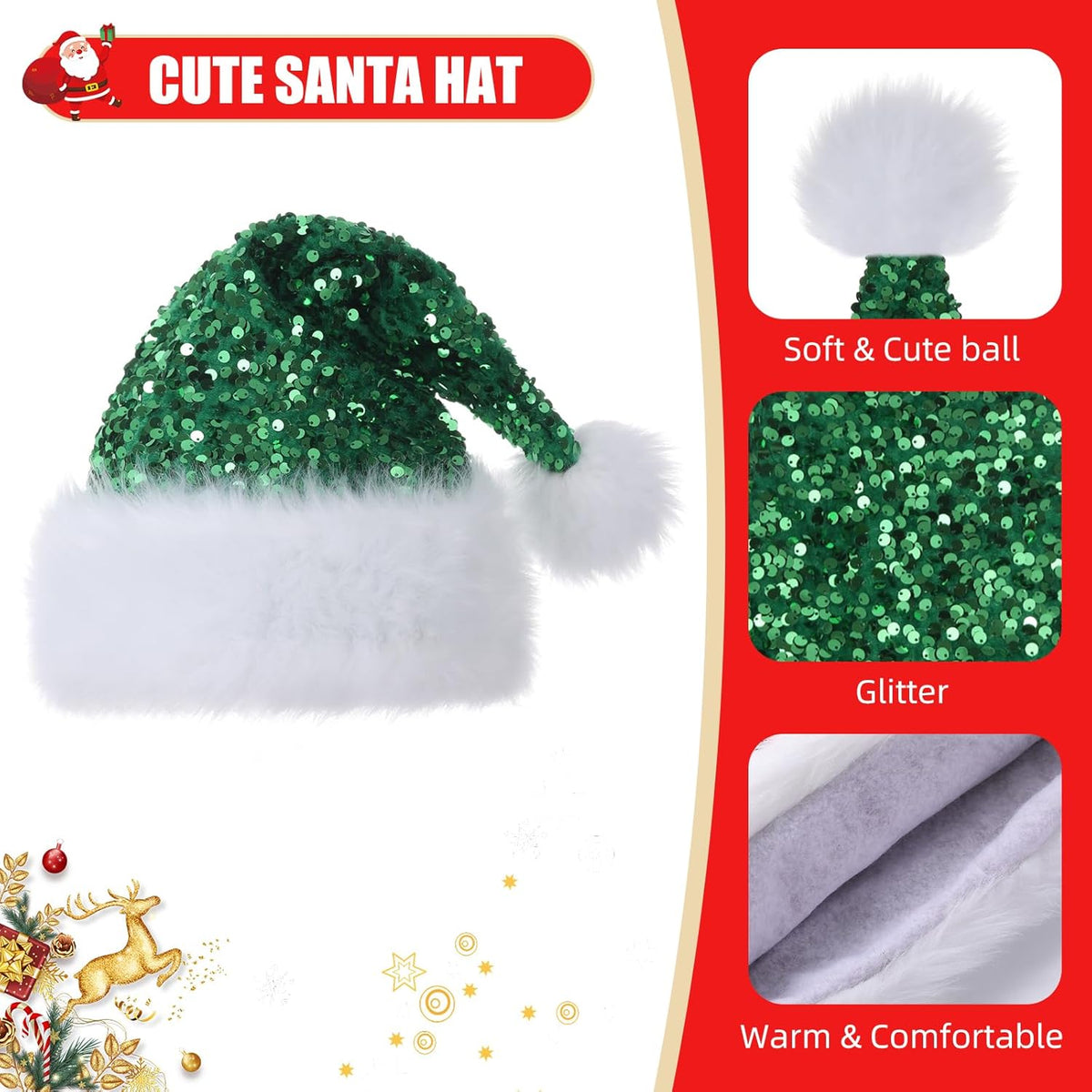 Personalized Sequin Santa Hat for Adults, Red Glitter Christmas Party Hat, Xmas Halloween New Year