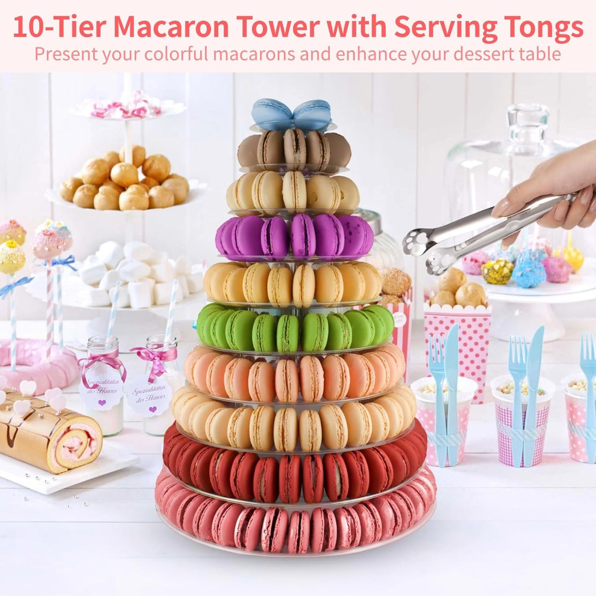 10-Tier Clear Macaron Display Stand, Plastic Macaron Tray Tower with Stainless Steel Serving Tongs