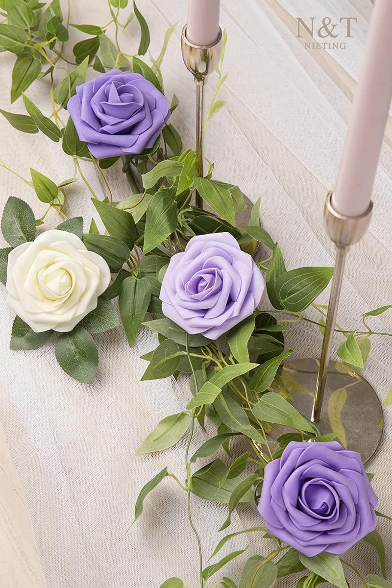 N&T NIETING Artificial Flowers 50Pcs Fake Foam Rose Purple Flowers with Stems Lavender for DIY