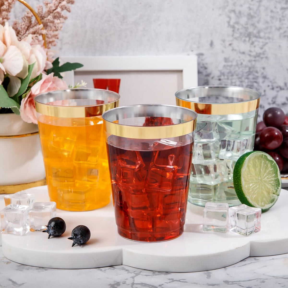 DaYammi 200 Pack Gold Plastic Cups 10 Oz Clear Plastic Cups Gold Rimmed Disposable Wine Glasses