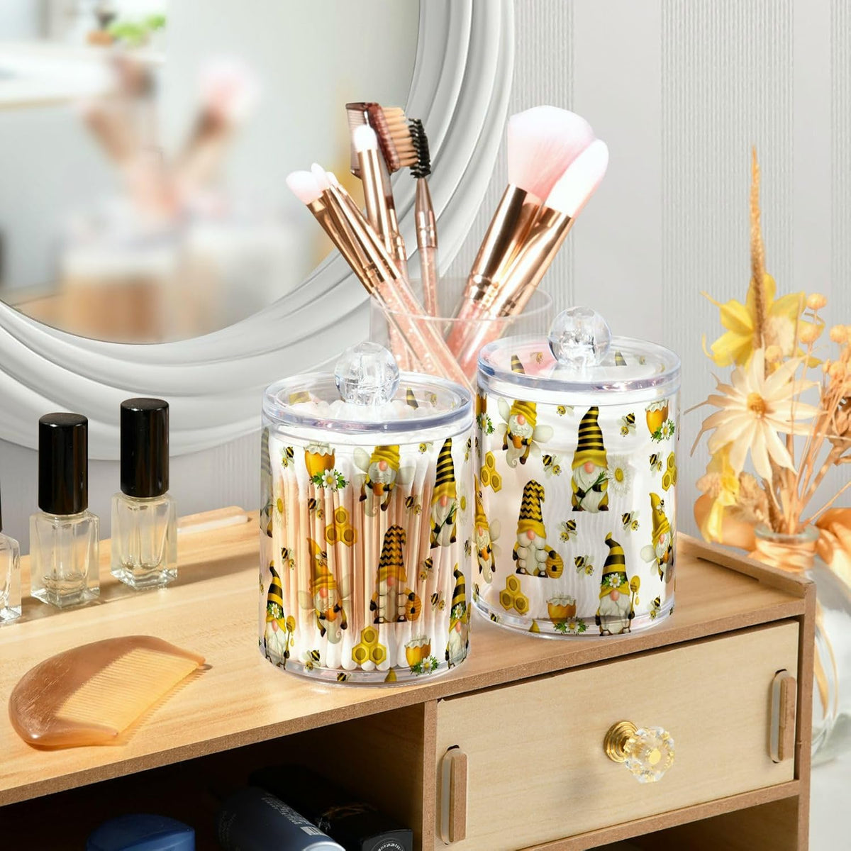Qtip Holder Dispenser 4 Pack Gnome Bees Flying Dwarf Daisy Apothecary Jars with Lids Bathroom