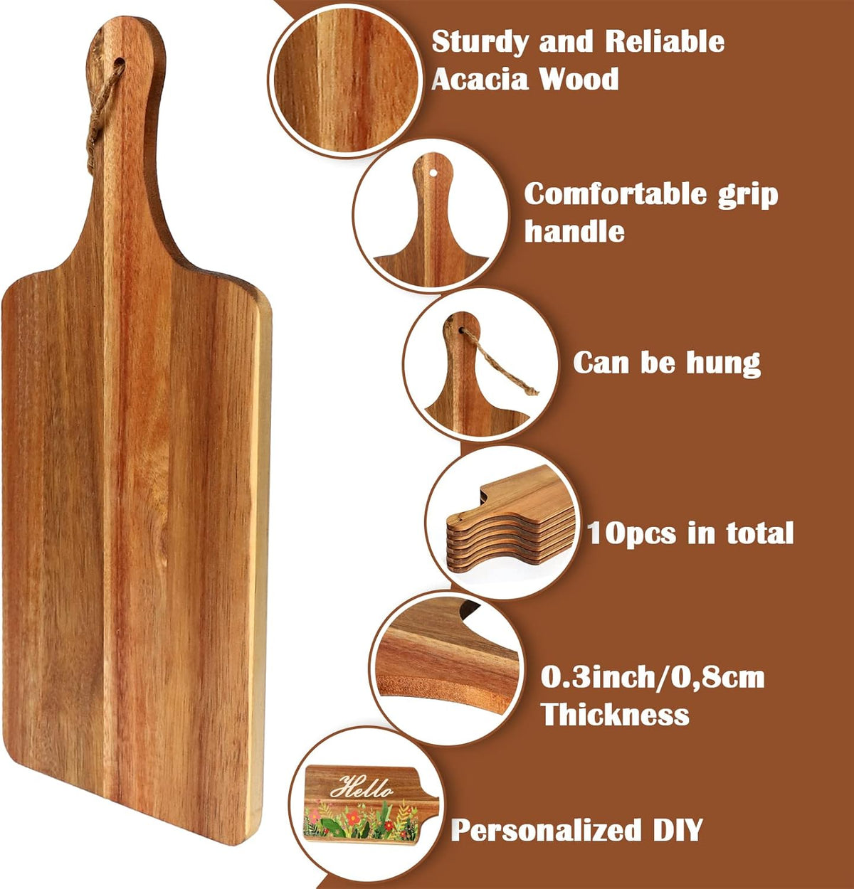 10 Packs Acacia Wood Cutting Board, 15 x 7 Inch Plain Chopping Board with Handles Large Serving