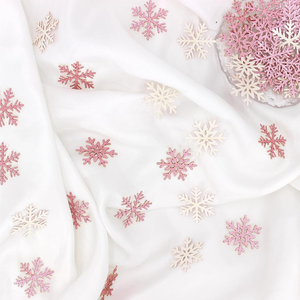 200PC Pink Glitter Snowflake Confetti Winter Onderland Decorations Paper Snowflakes Table Scatter