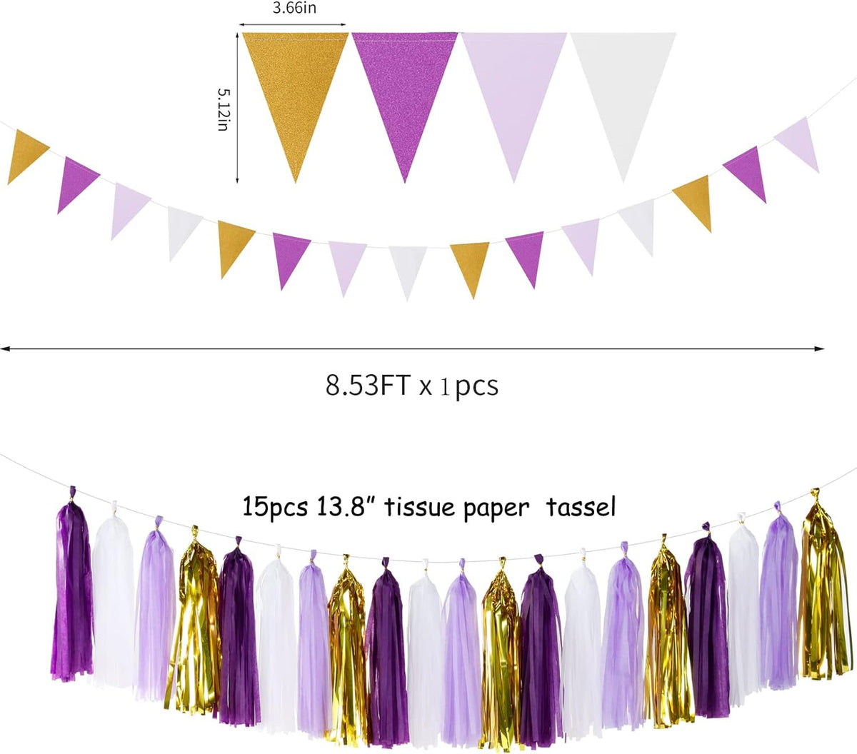 Purple Gold Graduation Decorations - 30pcs Kits Lavender White Paper Flowers,Banner Flags,Tassel
