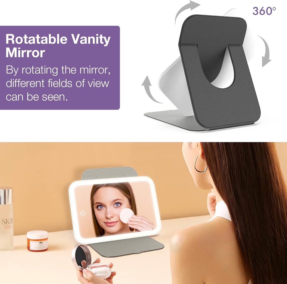 Kintion Travel Makeup Mirror, Portable LED Lighted Makeup Mirror, 360° Rotation Touch Screen Vanity