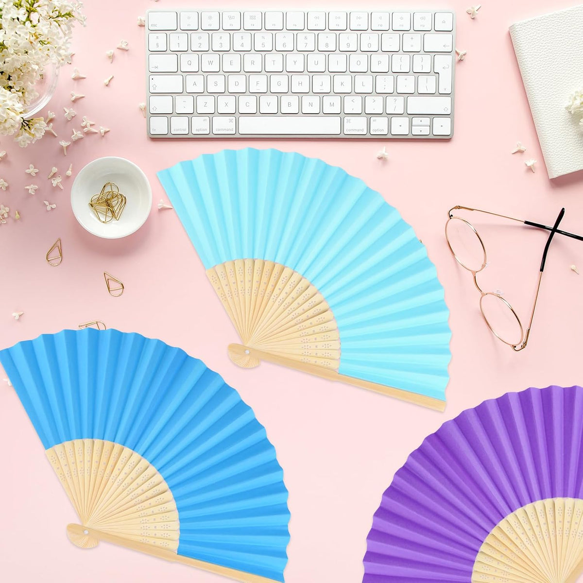 48 Pieces Hand Held Bamboo Folding Fans Paper Fans Handheld for Women Foldable Girls Wedding