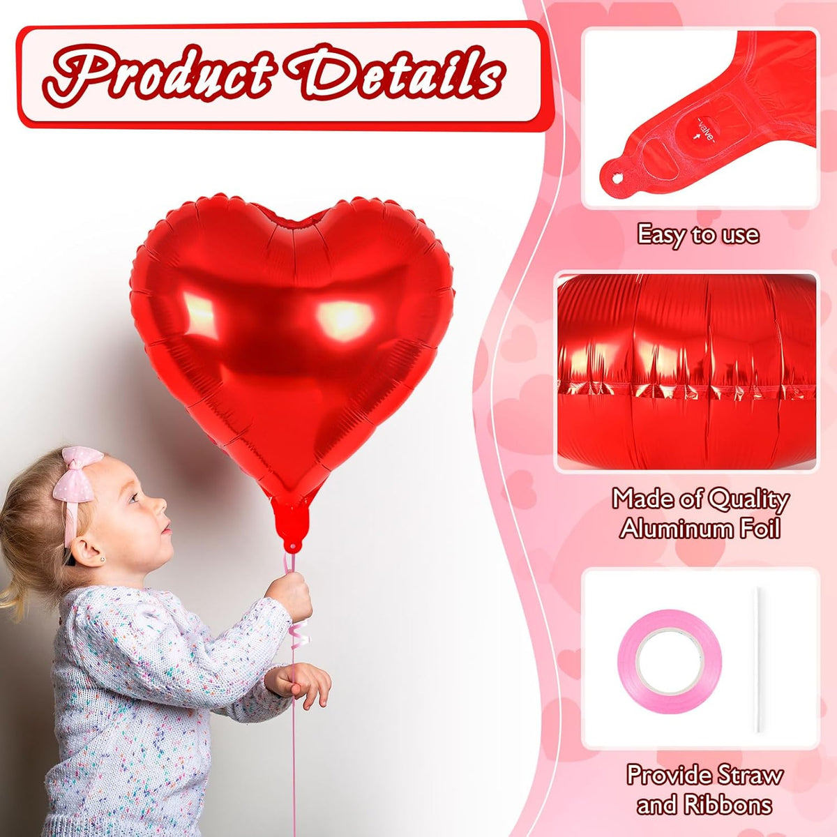 24 Pcs Red Pink Silver Heart Balloons,18 inch Heart Foil Balloons Love Balloons Valentine Balloons