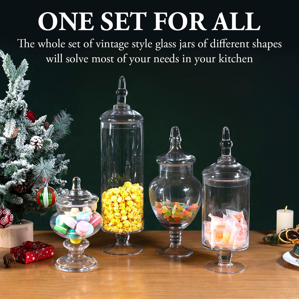 MyGift 4 Piece Set Clear Glass Apothecary Jars with Lids, Bathroom Decor, Candy Buffet, Wedding
