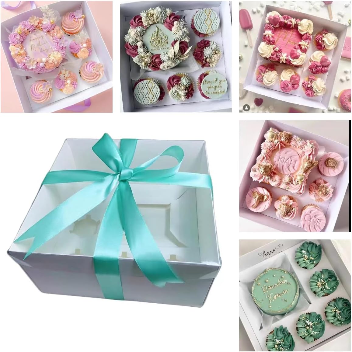 Bento Cake and Cupcake Box 2-in-1 4-inch Cake and 5 Cupcakes Box 5 Sets with One Wide Roll of