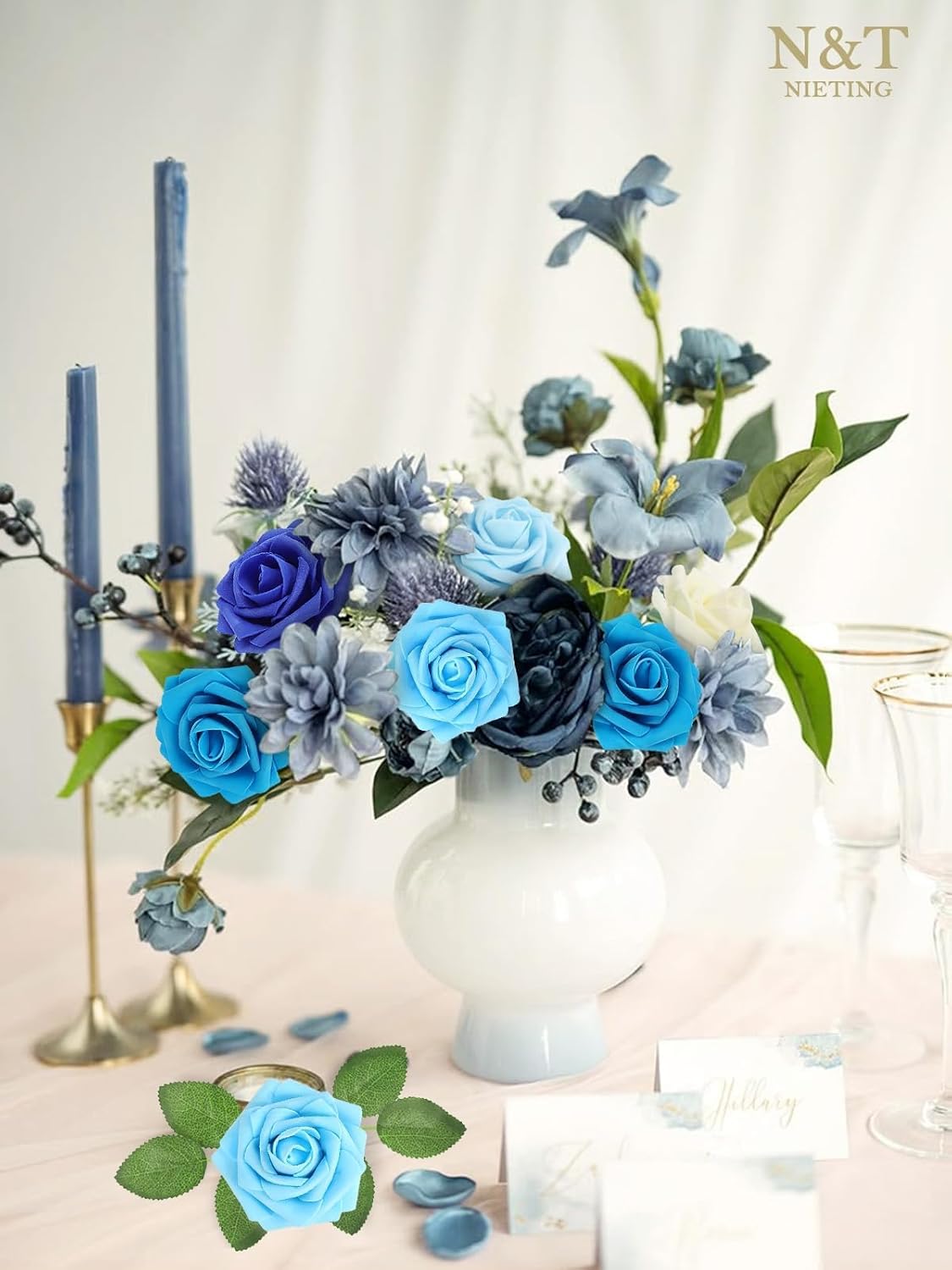 N&T NIETING Blue Roses Artificial Flowers, 50pcs Fake Flowers Rose Perfect for DIY Wedding