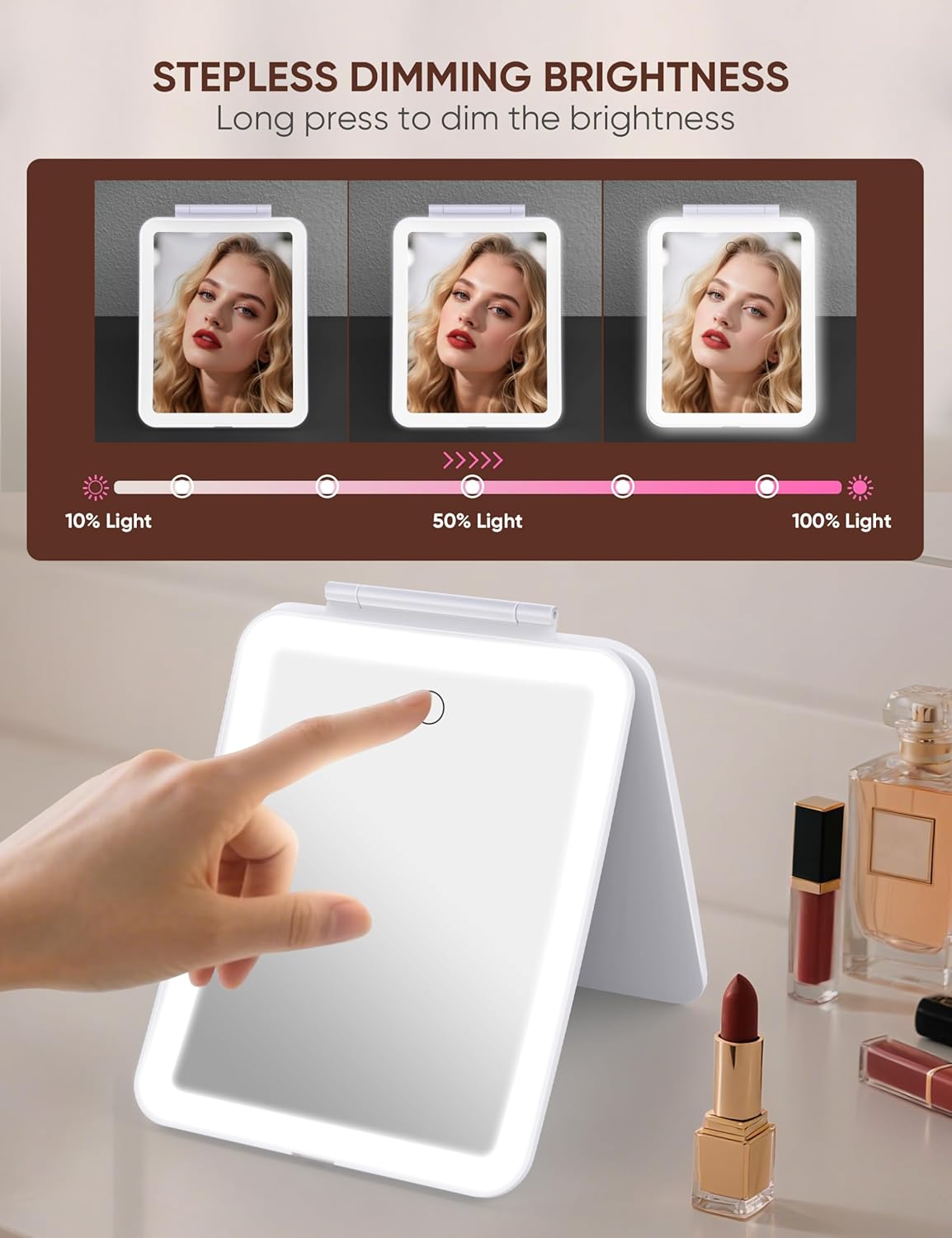 1X/10X Magnifying Makeup Mirror with 3 Colored Lights and Touch Control, 2700mAh Rechargeable LED