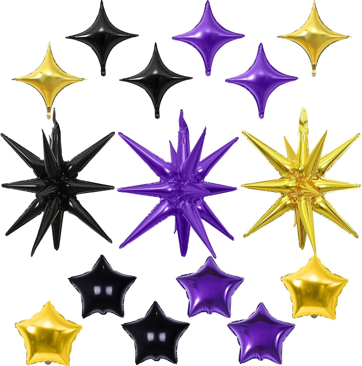 Star Balloons, 22in Purple Black and Gold Star Balloons Foil 10in 4-Pointed & Pentagram Balloon for