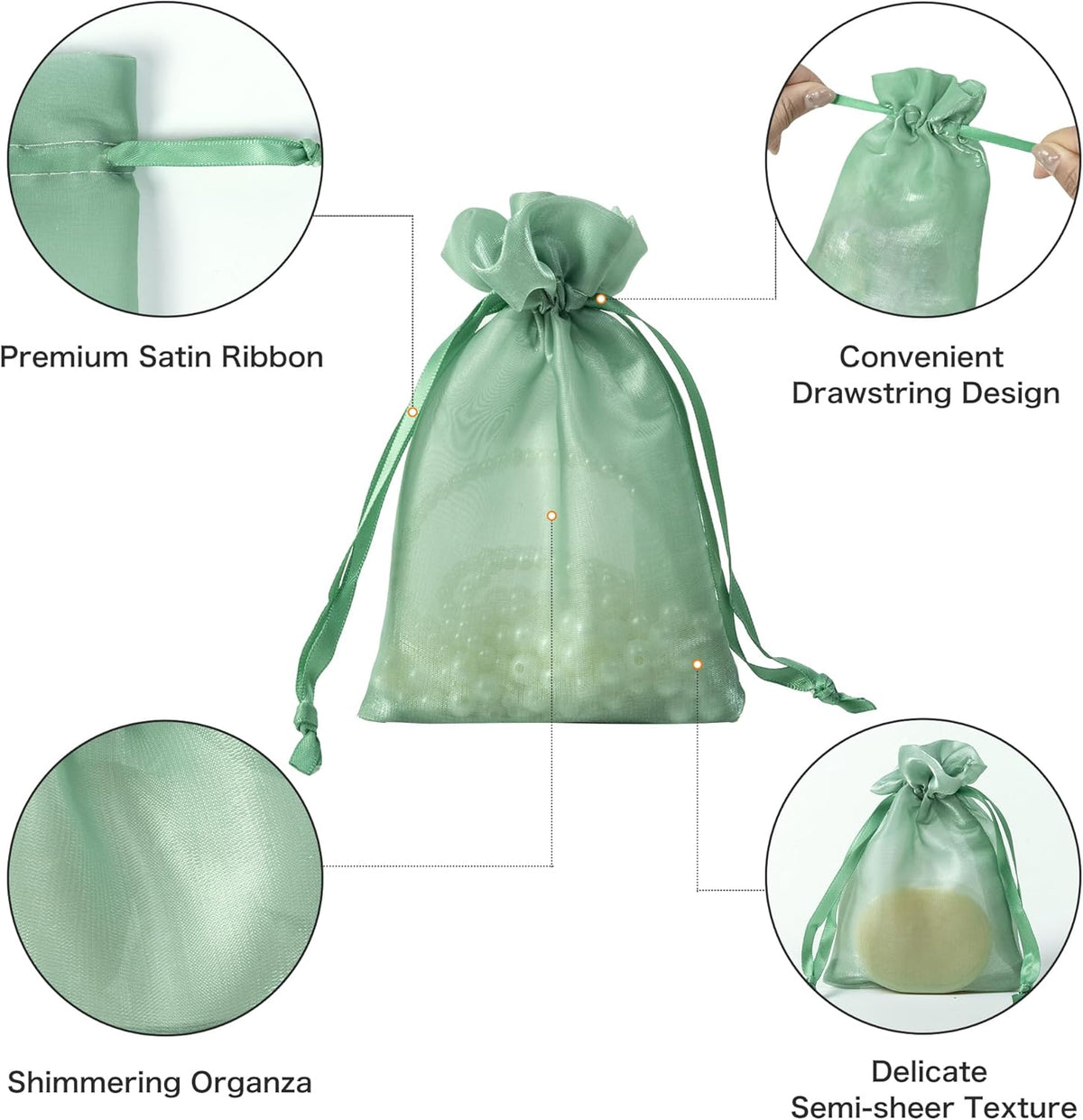 QIANF 20 Pcs Sage Green Small Organza Bags 4X6 inch for Wedding Favors with Drawstring, Mini Mesh
