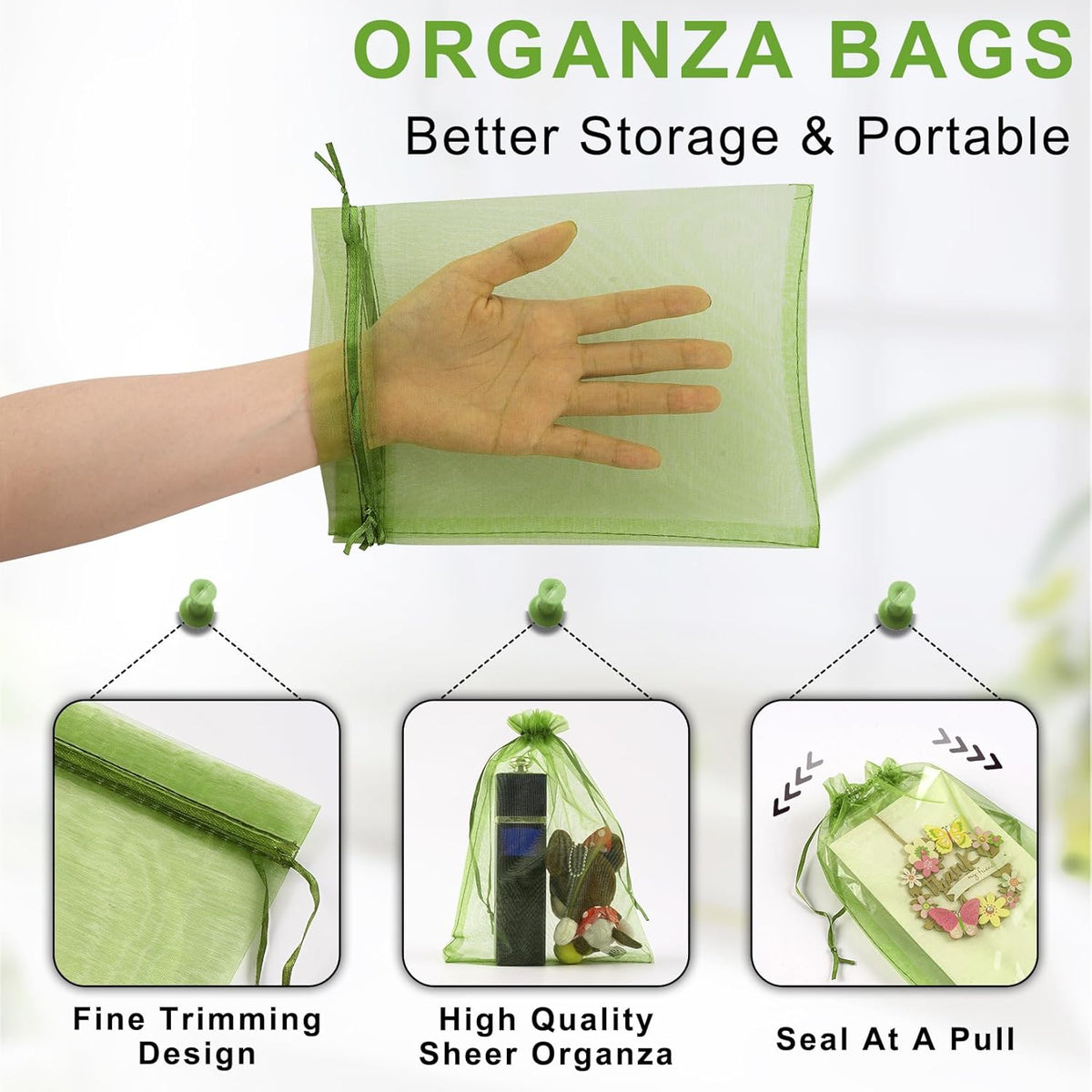 ANZNKU 50 Pack Green Organza Bags 6x9 inches Mesh Bags Drawstring, Gift Pouch for Party Wedding